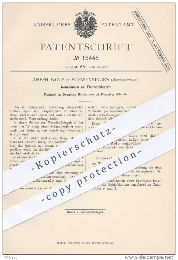 Original Patent - Joseph Wolf In Schwenningen , 1880 , Türschloss , Türschlösser , Tür , Schloss , Schlösser , Schlosser - Historical Documents