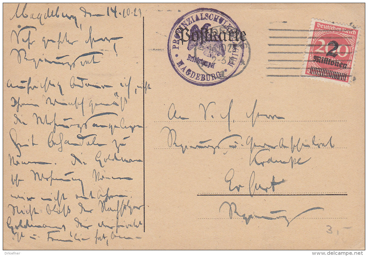 INFLA DR 309 W A EF, Auf PK Des Provinzialschulkollegiums, Mit Masch.-Stempel: Magdeburg 16.10.1923 - Sonstige & Ohne Zuordnung