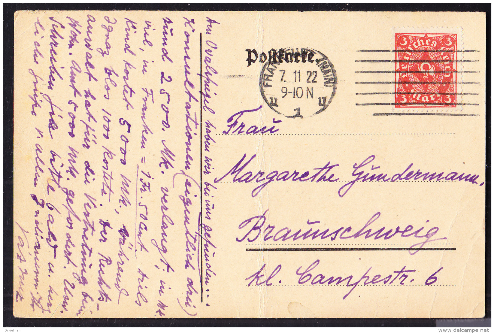 INFLA DR 225 EF, Auf PK, Mit Masch.-Stempel: Frankfurt Main U1u 7.11.1922 - Sonstige & Ohne Zuordnung
