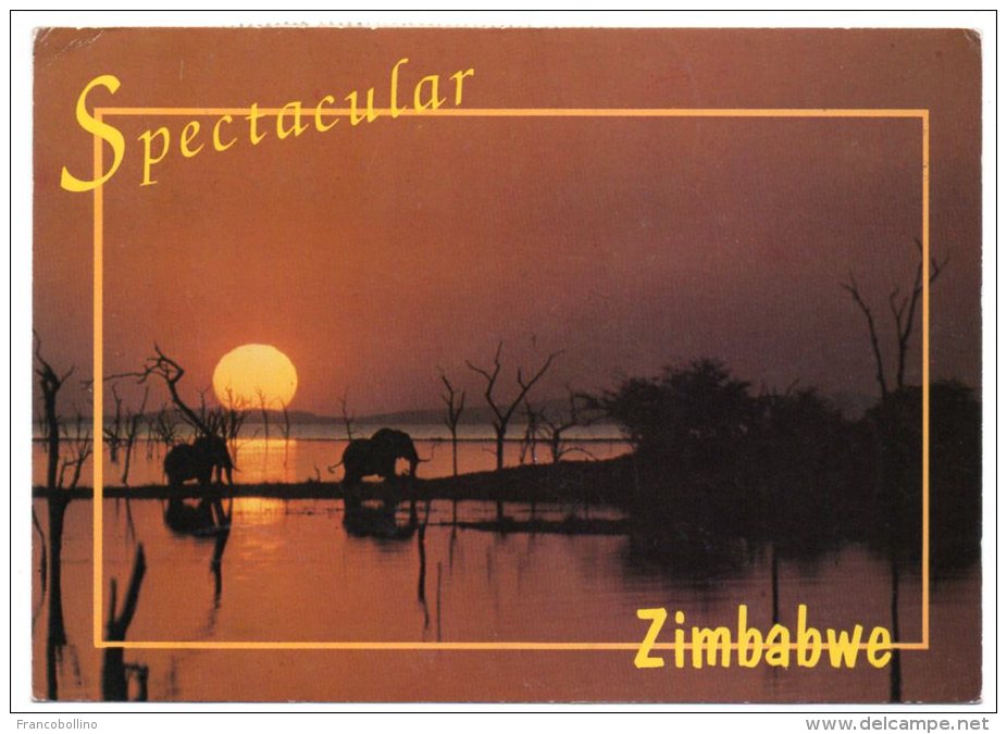 ZIMBABWE - ELEPHANT SILHOUETTED AGAINST THE SETTING SUN ON LAKE KARIBA / THEMATIC STAMPS-AIRPLANE - Simbabwe