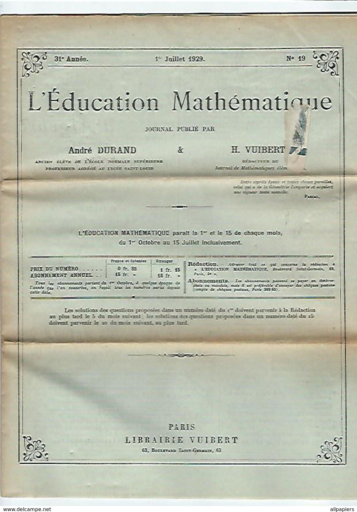 L'éducation Mathématique N°19 Ingénieur Adjoint Des Travaux Publics De L'état Au 1er Juillet 1929 - Autres & Non Classés