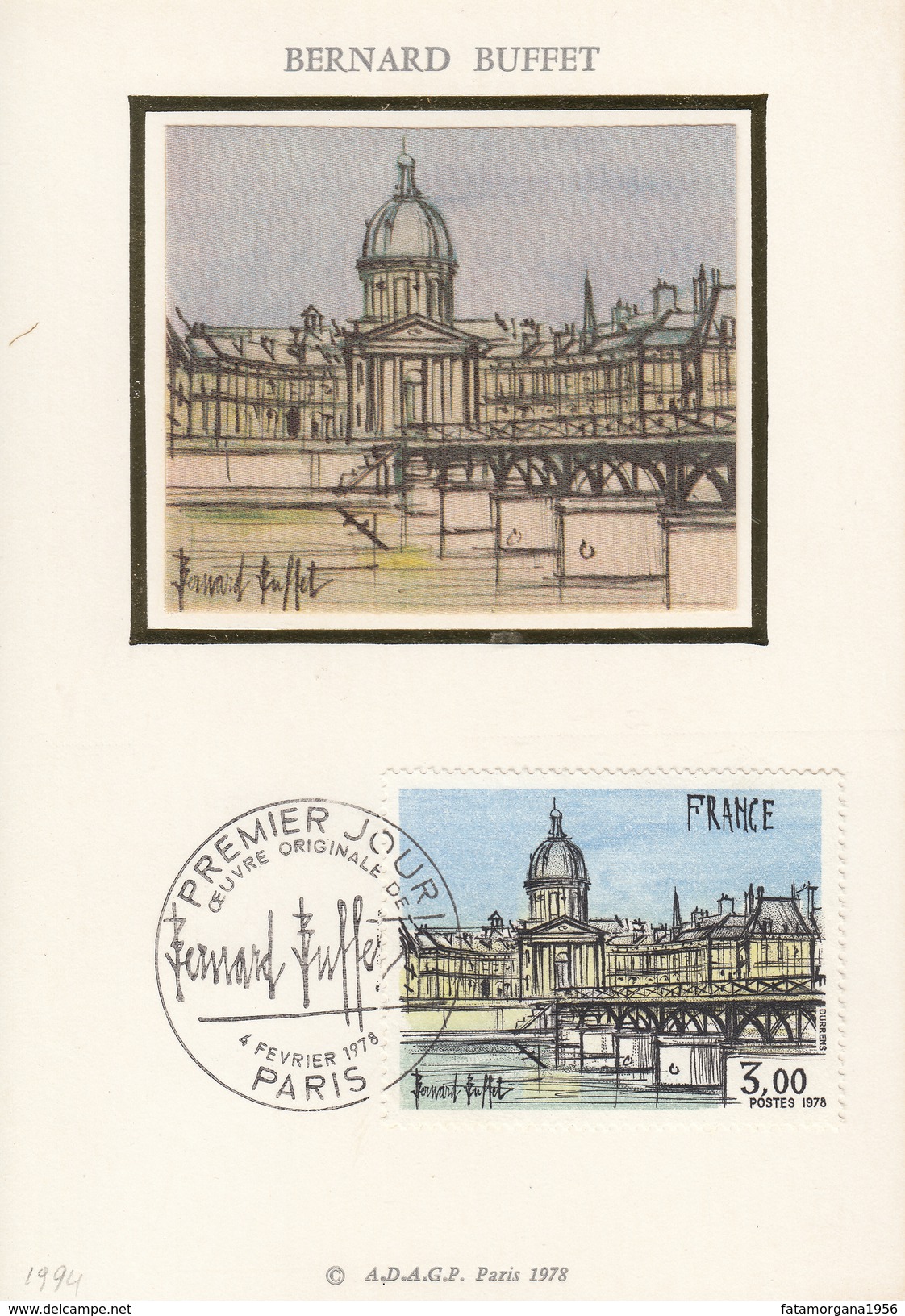 FRANCIA - 1978 Cartolina Commemorativa Con Vignetta In Seta E Francobollo FDC Yvert 1994 Dedicati A Bernard Buffet - 1970-1979