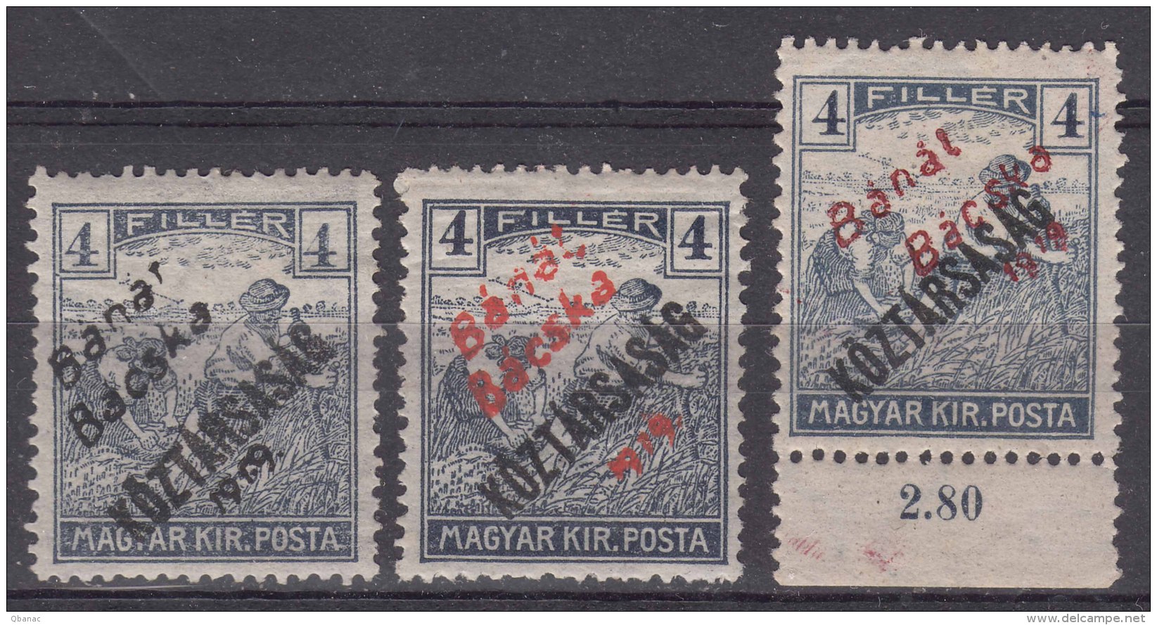 Hungary Banat Bacska 1919 Mi#25 A (black) And B (red) Overprint Type, B Type In Two Colours (red And Carmin) Mint Hinged - Banat-Bacska