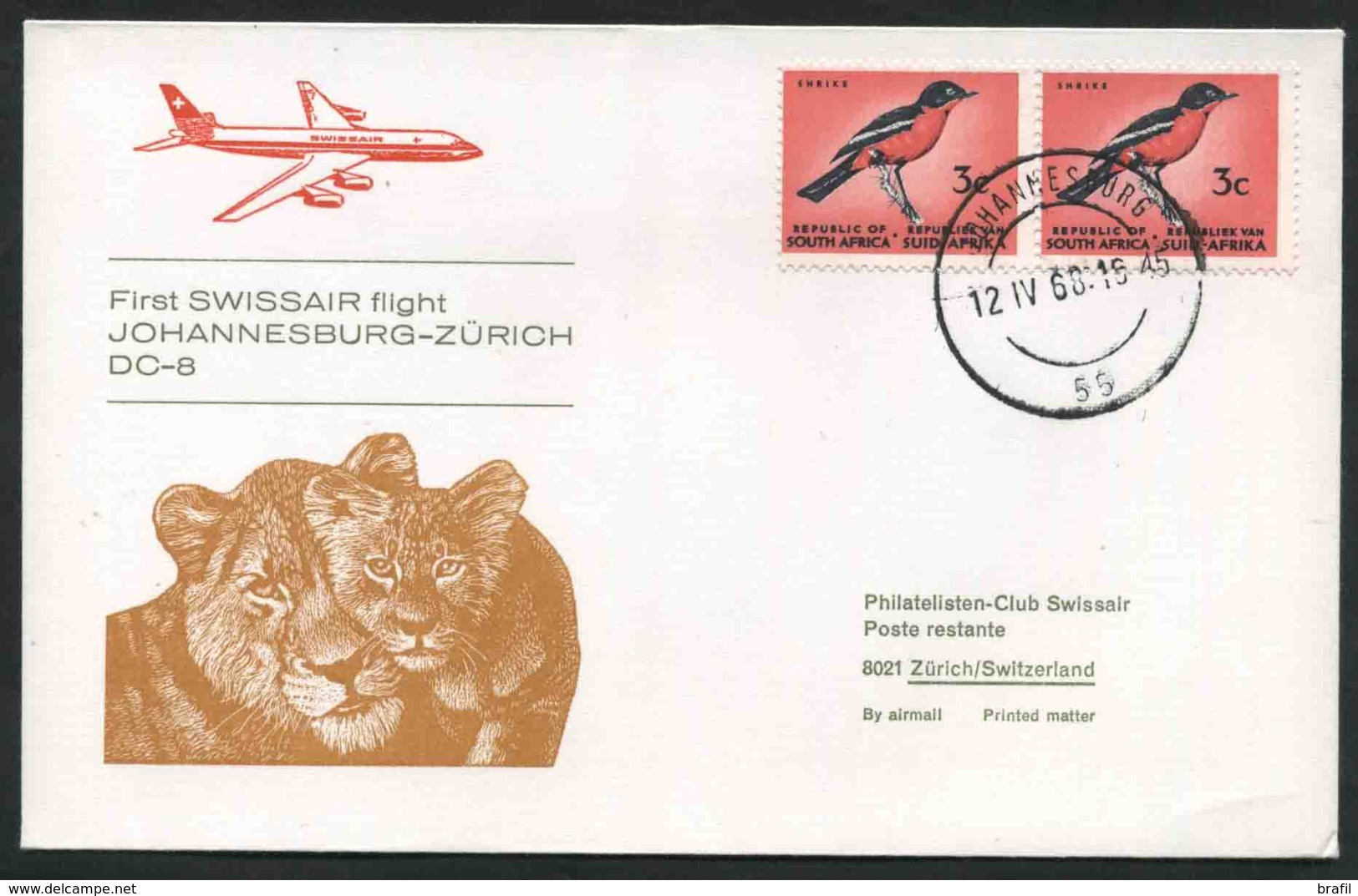1968 Sud Africa, Primo Volo First Swissair Flight Johannesburg -  Zurigo , Timbro Di Arrivo - Luchtpost