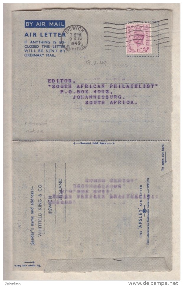 Great Britain, GVIR 1949  Air Letter, 6d, Whitfield King Philatelic Press Notes Aug 49, IPSWICH  > S.Africa - Covers & Documents