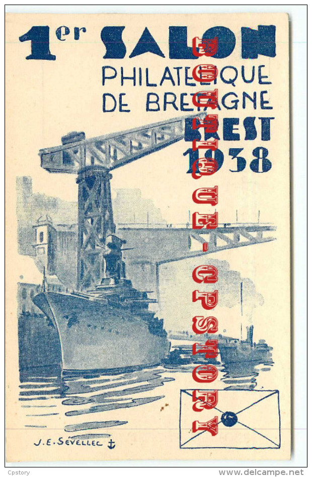 1er SALON PHILATELIQUE De BRETAGNE à BREST En 1938  < GRUE BATEAU < CACHET CONCORDANT BREST 17-12-1938 - Briefmarkenmessen
