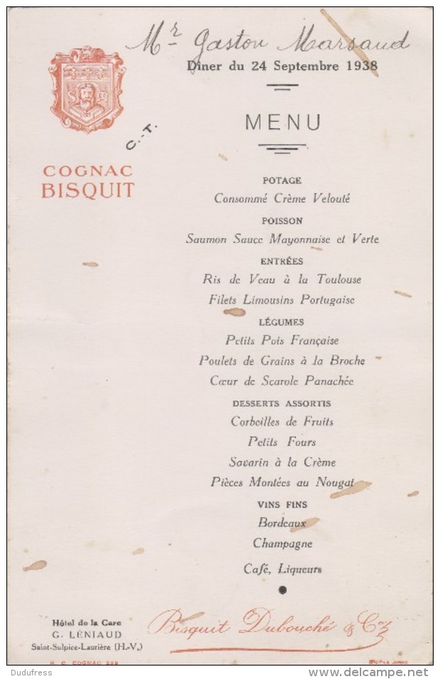 ST SULPICE LAURIERE  MENU 24 SEPT 1938 HOTEL DE LA GARE - Other & Unclassified