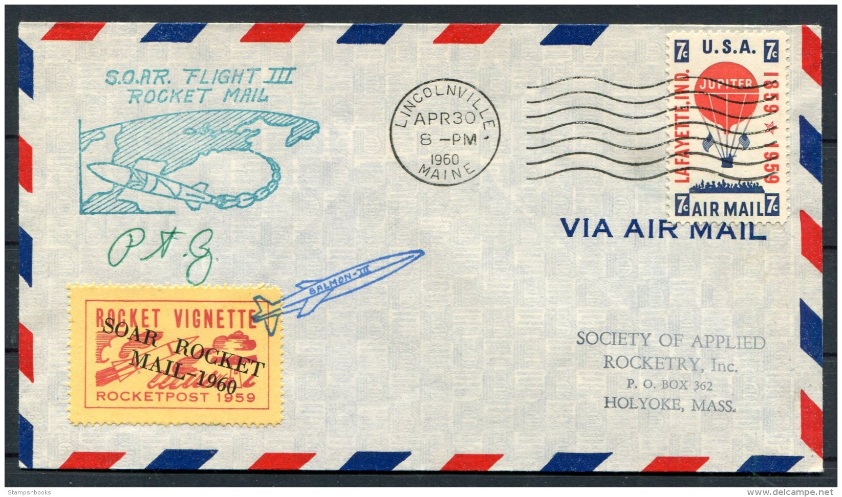 1960 USA Lincolnville, Maine Rocket Mail, S.O.A.R. Flight 3, Rocketpost Vignette Cover - North  America