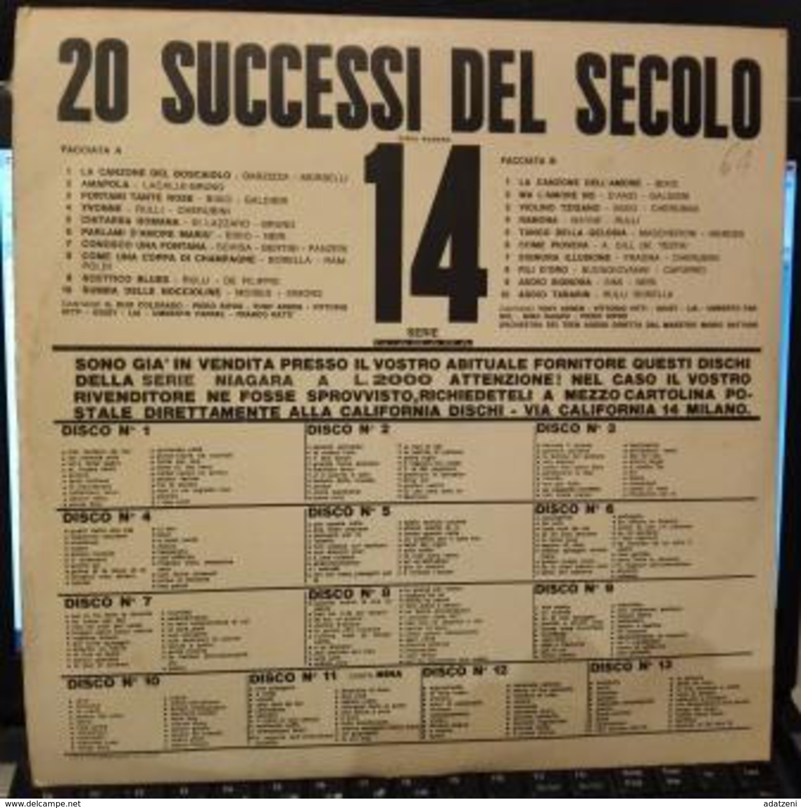 20 SUCCESSI DEL SECOLO NIAGARA 14 Disco LP TONY ARDEN GIUSY VITTORIO VITTI MARIO BATTAINI - Autres - Musique Italienne