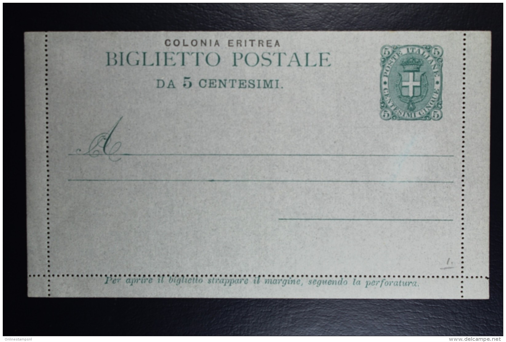 Italia: Colonia Eritrea  Biglietto Postale Mi Nr 1 - Eritrée