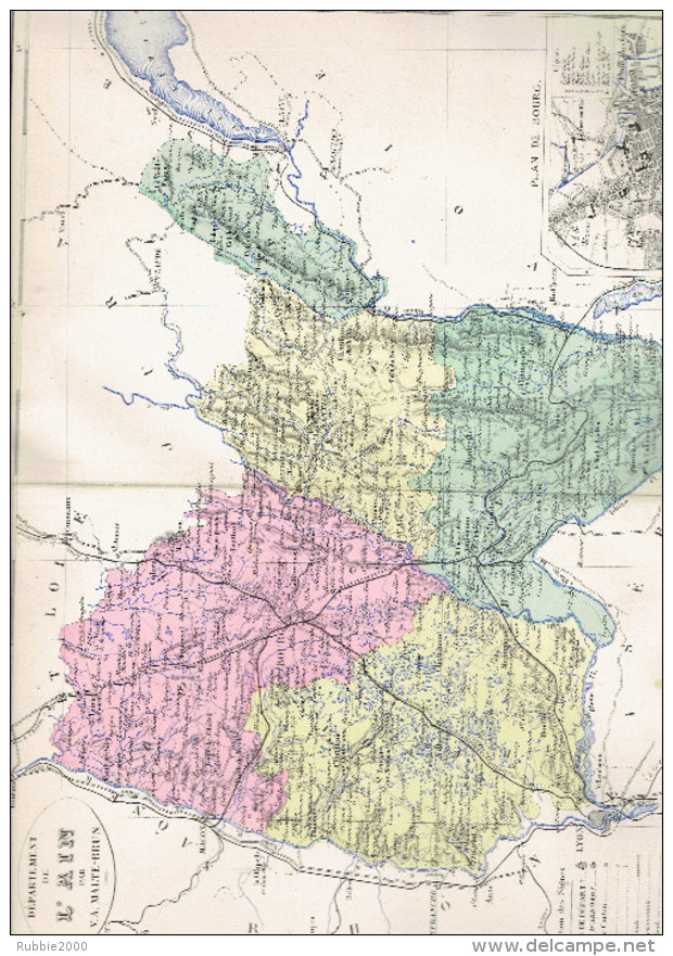 CARTE GEOGRAPHIQUE 1880 FRANCE DEPARTEMENT DE L AIN ET PLAN DE BOURG PAR MALTE BRUN - Cartes Géographiques