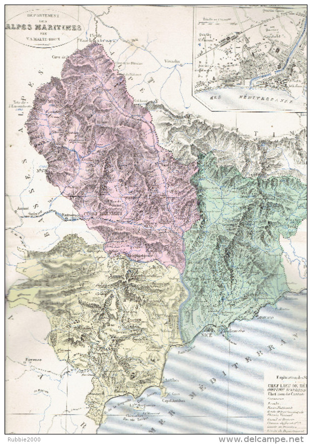 CARTE GEOGRAPHIQUE 1880 FRANCE DEPARTEMENT DES ALPES MARITIMES ET PLAN DE NICE PAR MALTE BRUN - Cartes Géographiques