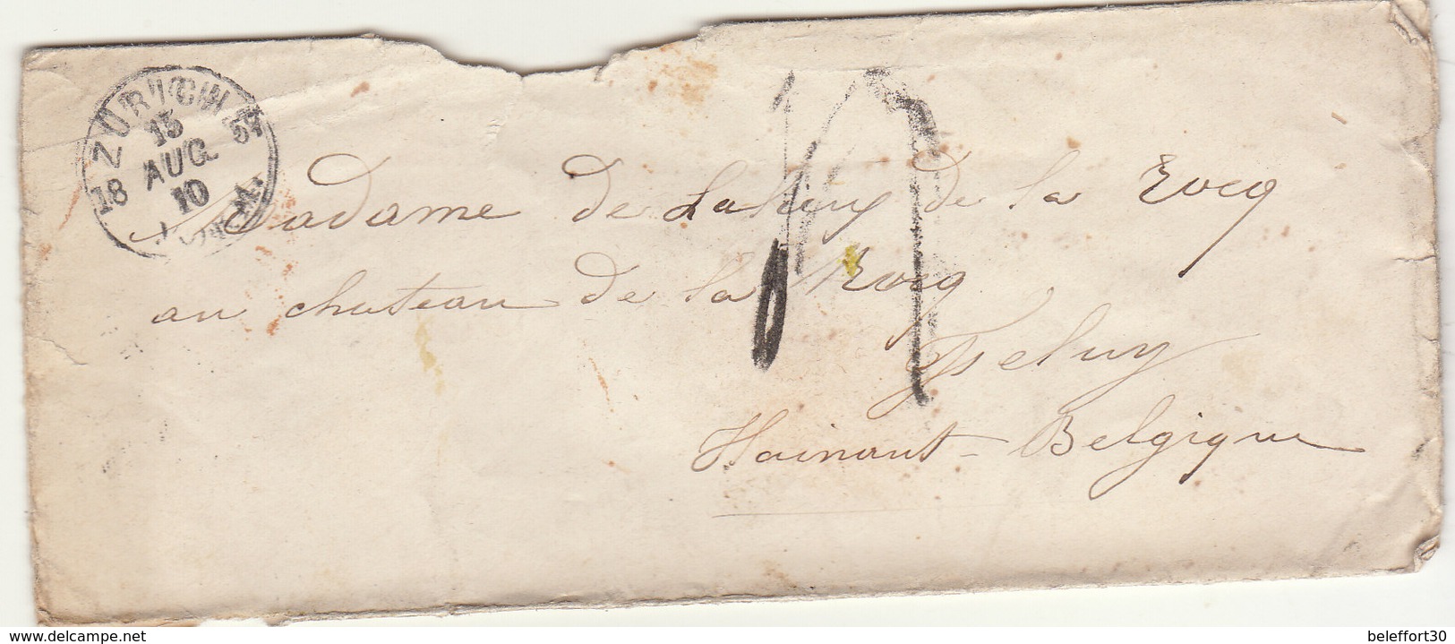 ESC Cad Zurich 1857, Taxe Tampon 4 -> Belgique (2 Scans) - Covers & Documents