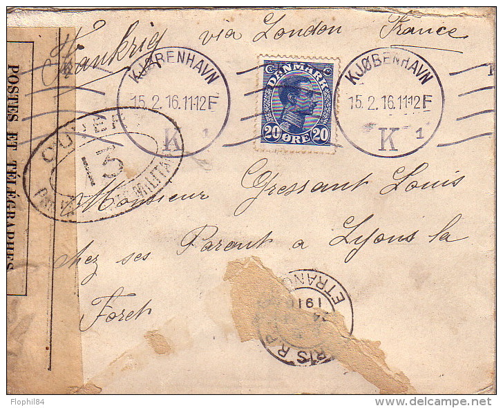 DANEMARK - LETTRE POUR LA FRANCE VIA LONDRES - BANDE DE CENSURE + CACHET DE CENSEUR 13 - LE 15-2-1916. - Briefe U. Dokumente