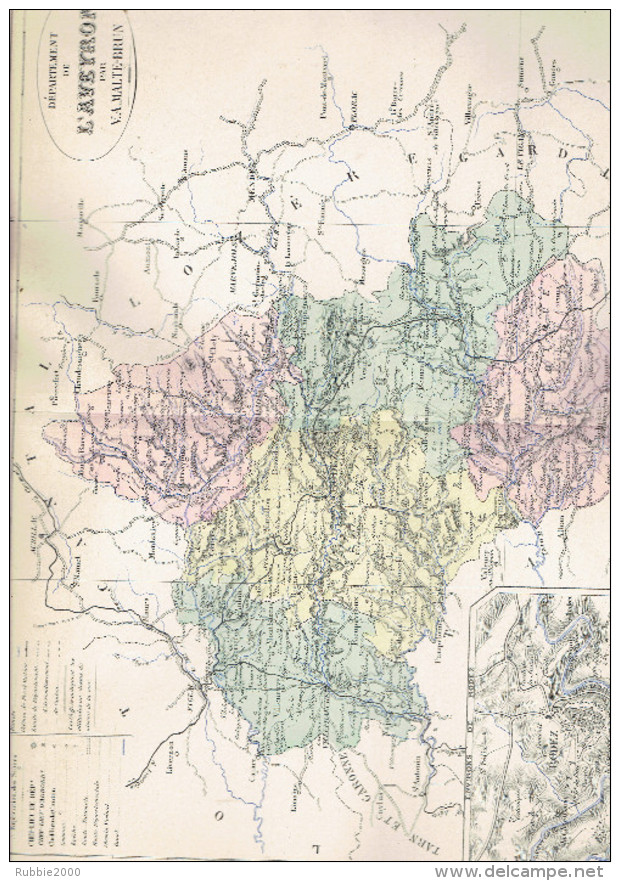 CARTE GEOGRAPHIQUE 1880 FRANCE DEPARTEMENT DE L AVEYRON ET PLAN DE RODEZ PAR MALTE BRUN - Cartes Géographiques