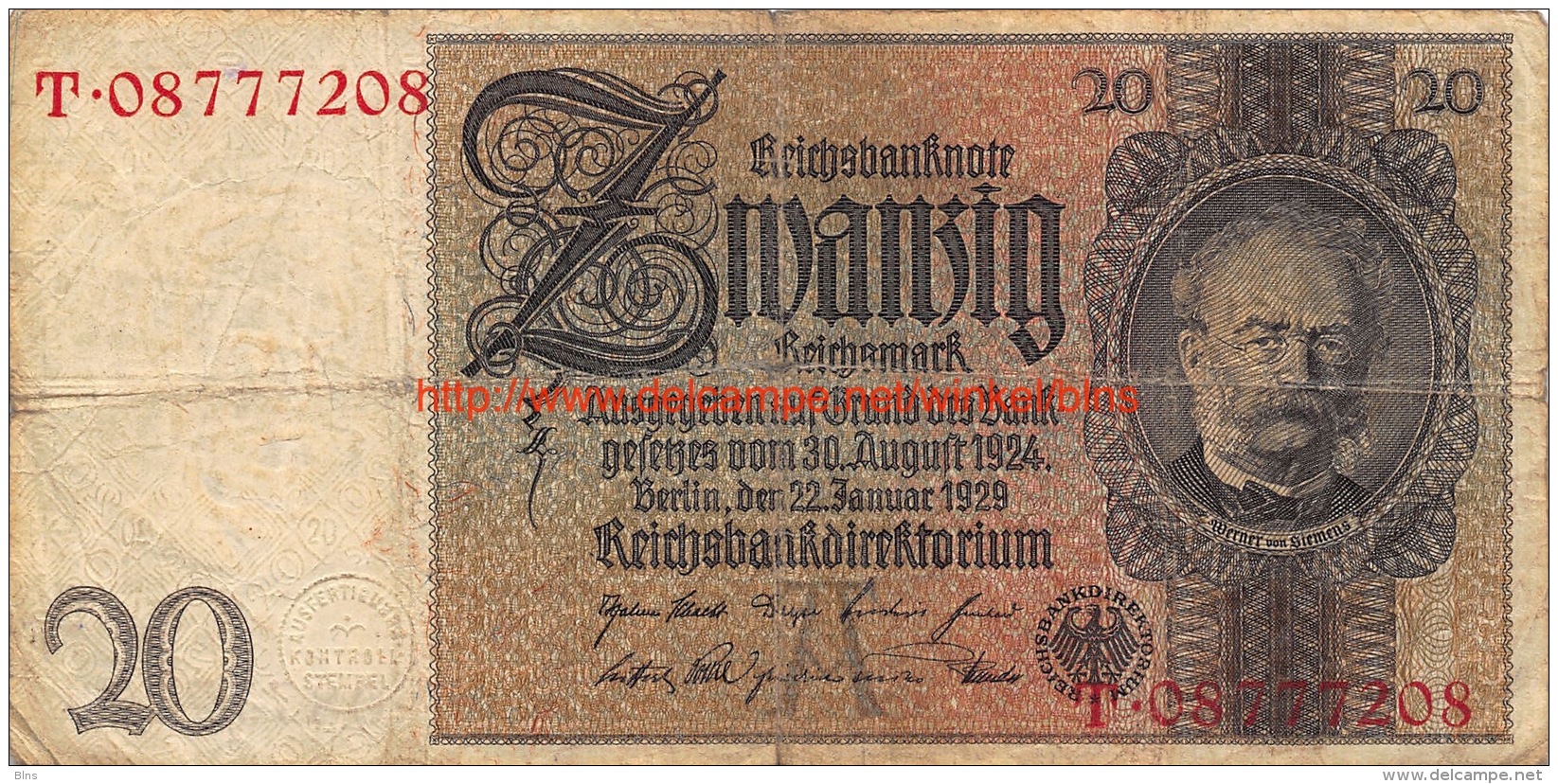 1929 Zwanzig Reichsbanknote 20 - 20 Mark