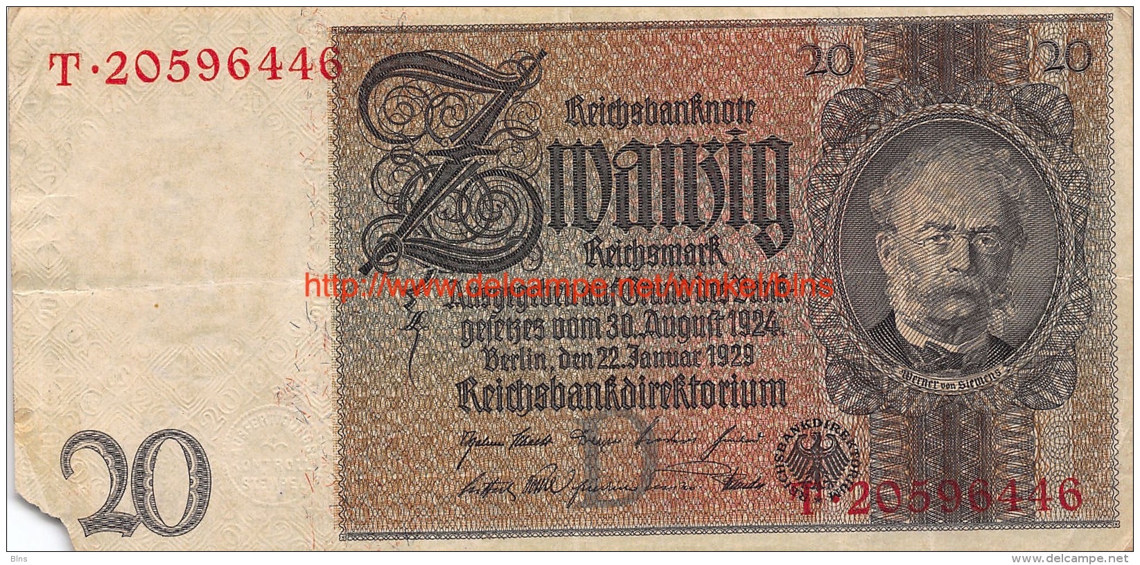 1929 Zwanzig Reichsbanknote 20 - 20 Mark