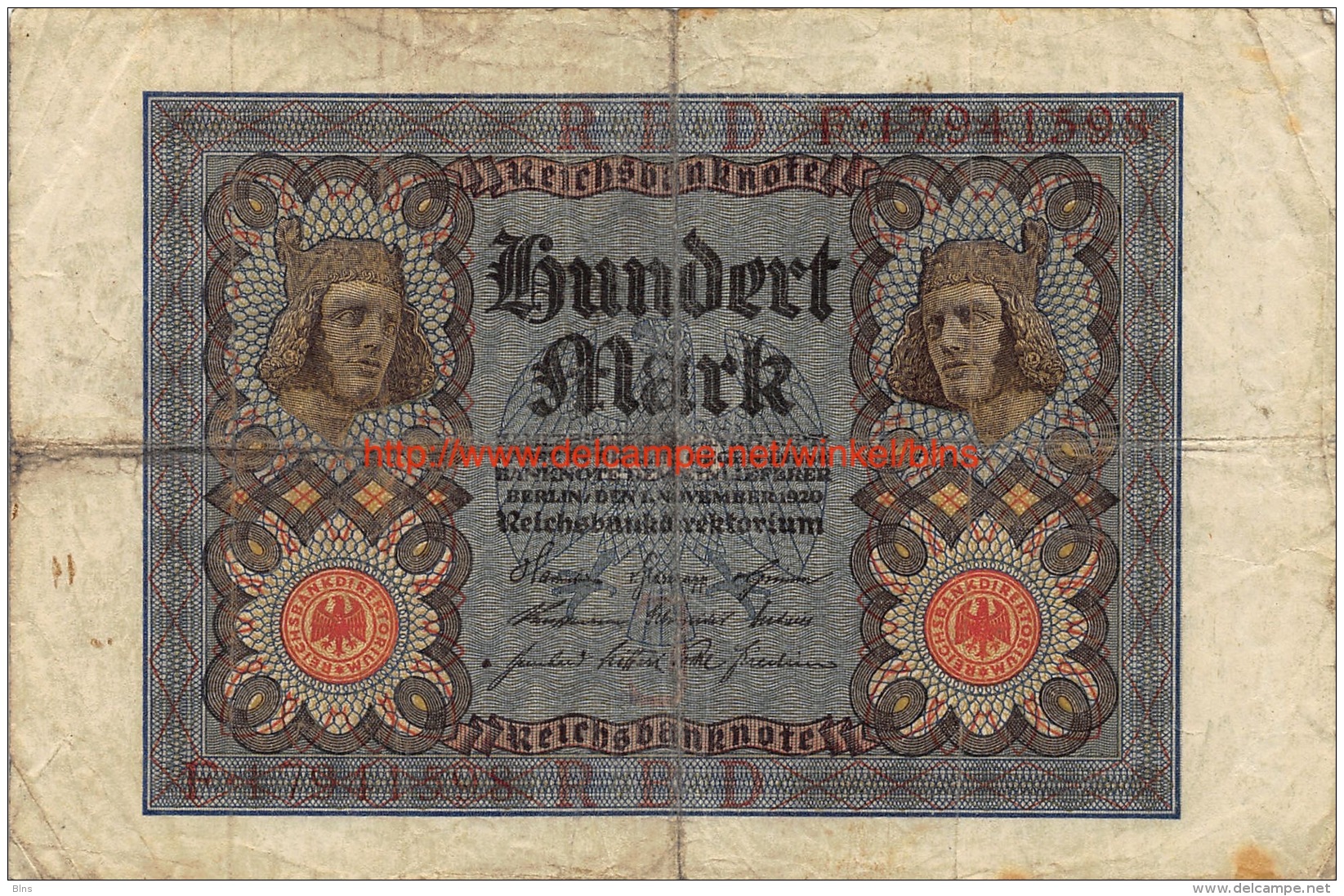 Hundert Mark 100 Reichsbanknote 1920 - 100 Mark