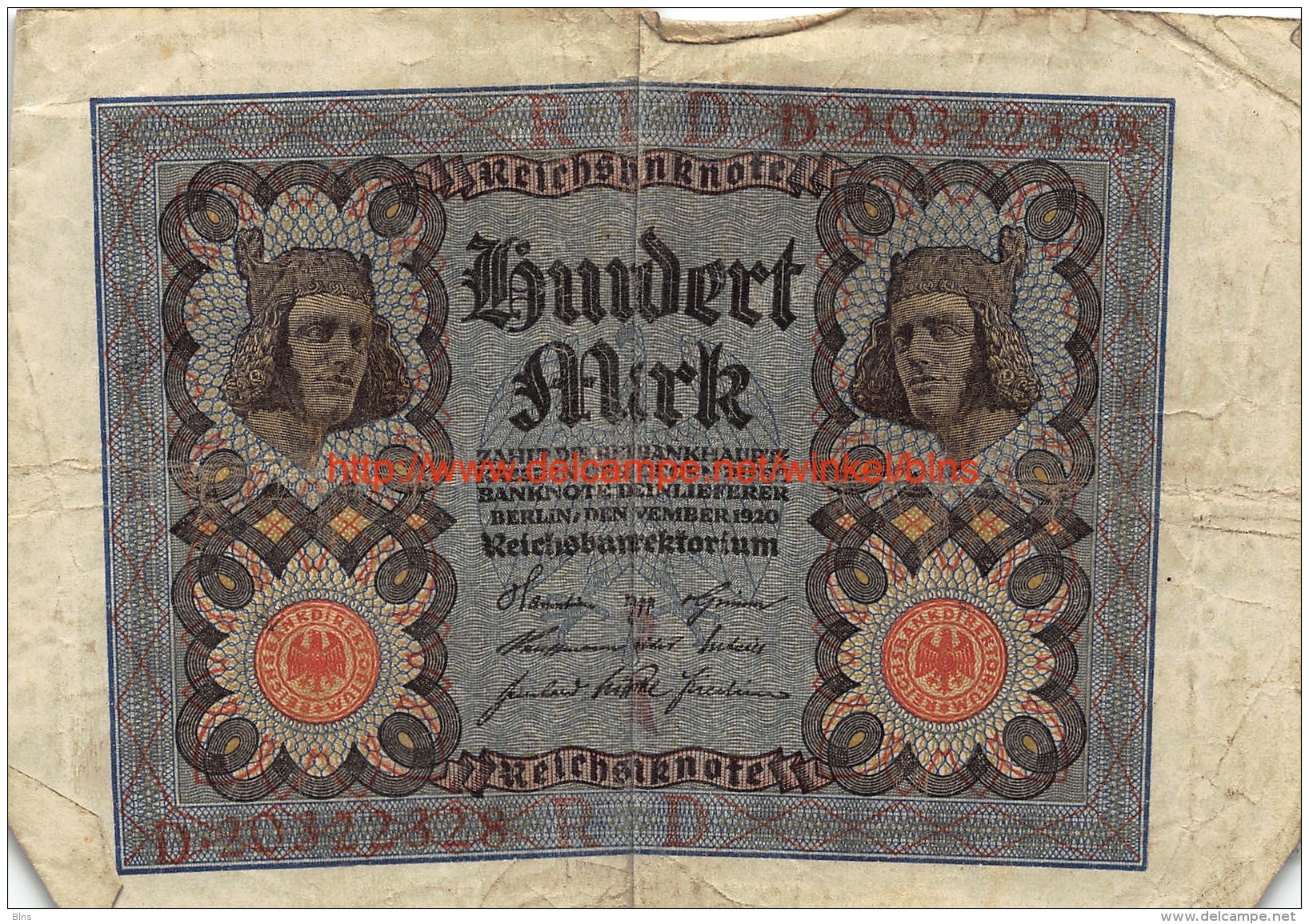 Hundert Mark 100 Reichsbanknote 1920 - 100 Mark