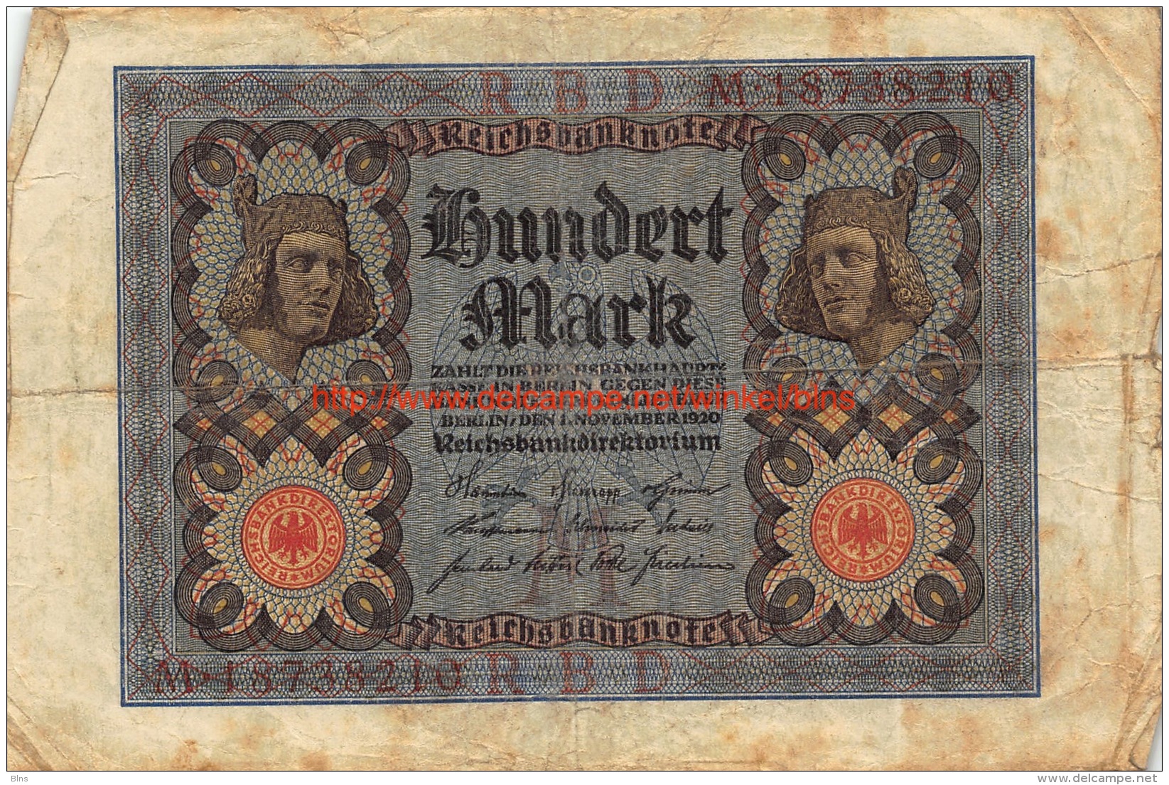 Hundert Mark 100 Reichsbanknote 1920 - 100 Mark