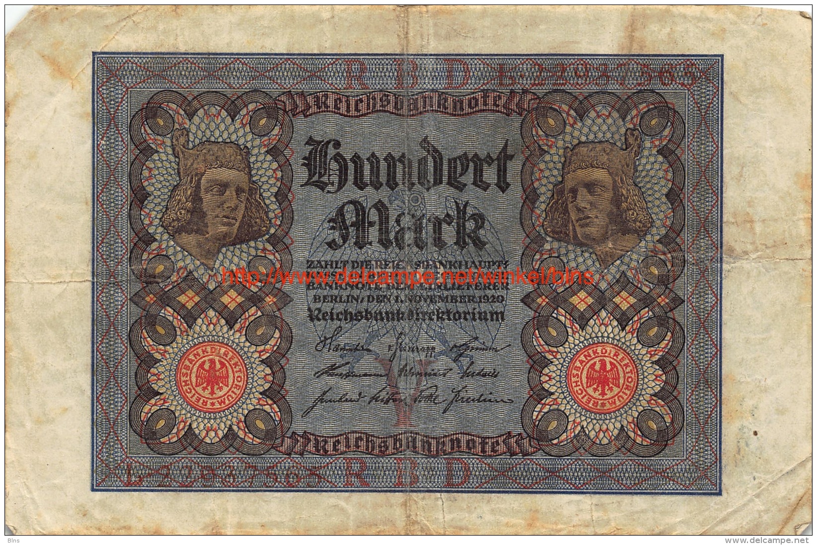 Hundert Mark 100 Reichsbanknote 1920 - 100 Mark