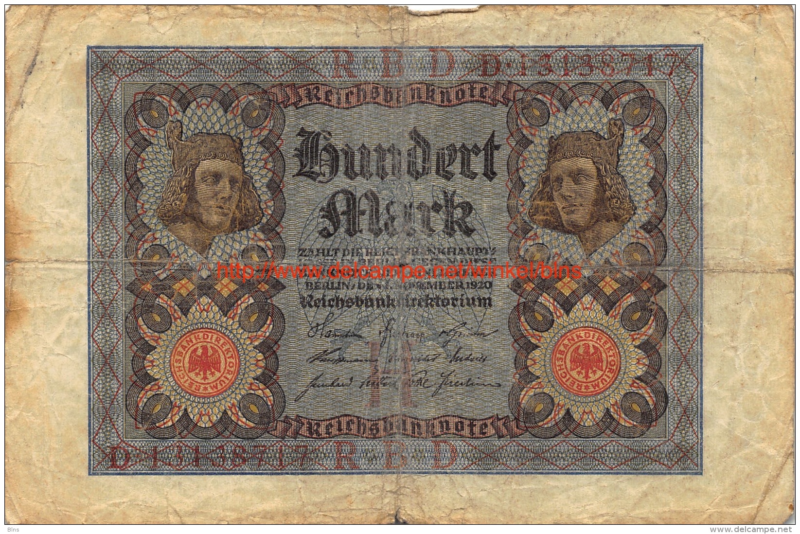 Hundert Mark 100 Reichsbanknote 1920 - 100 Mark