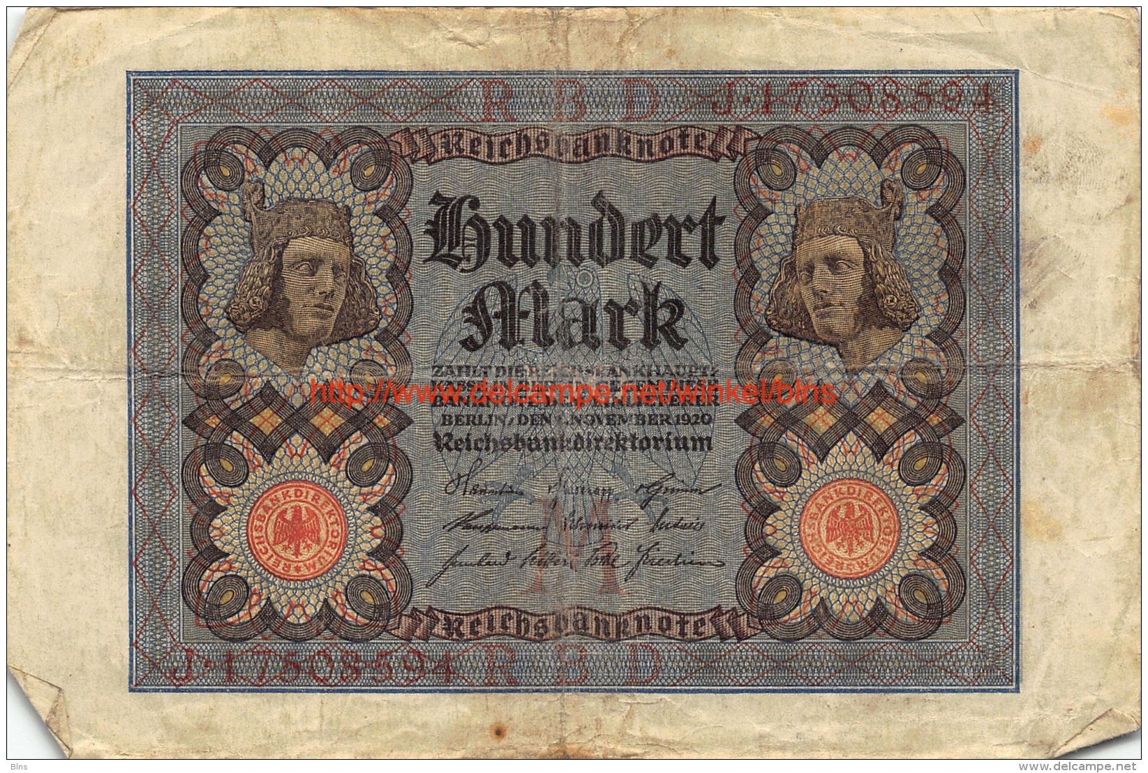 Hundert Mark 100 Reichsbanknote 1920 - 100 Mark