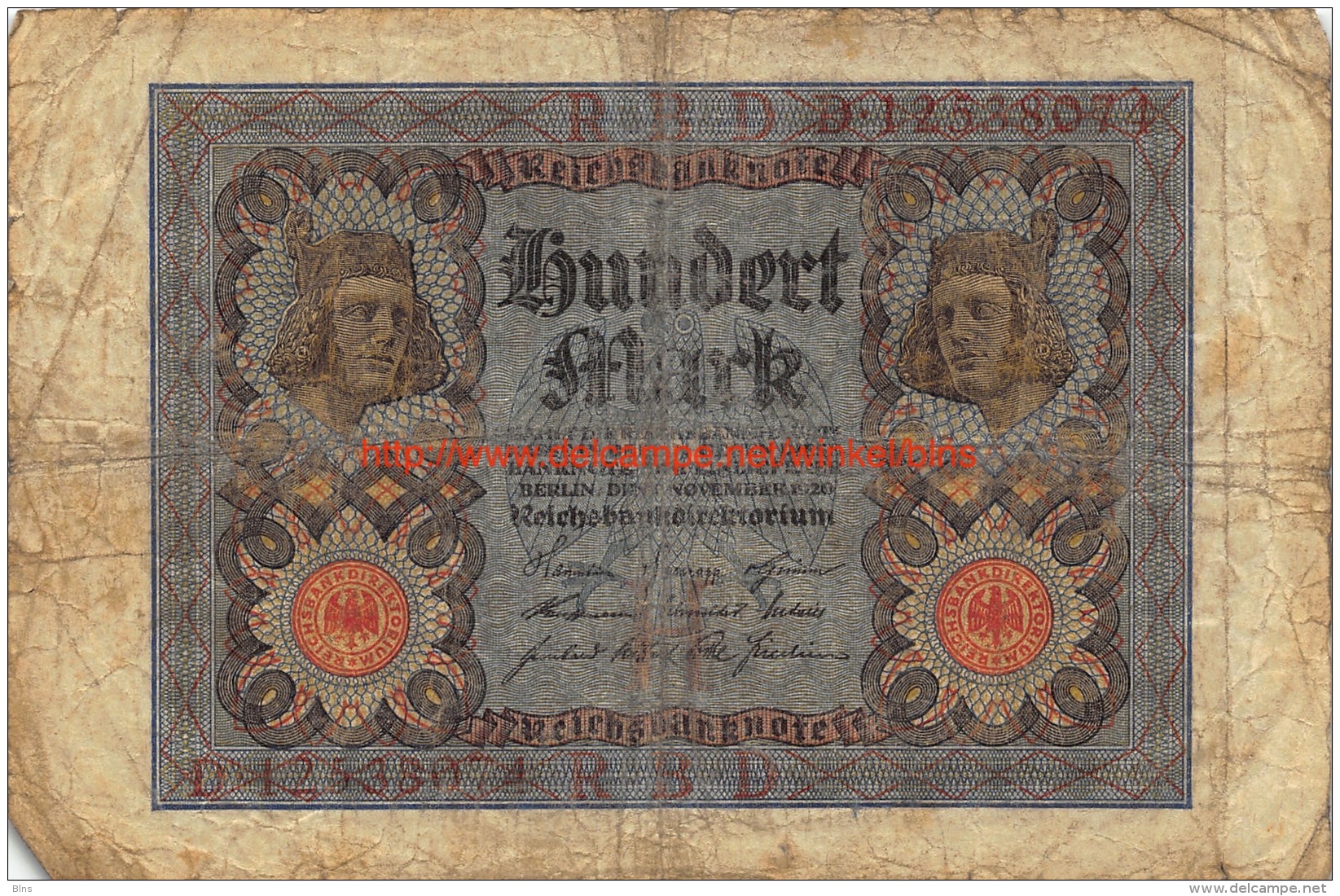 Hundert Mark 100 Reichsbanknote 1920 - 100 Mark