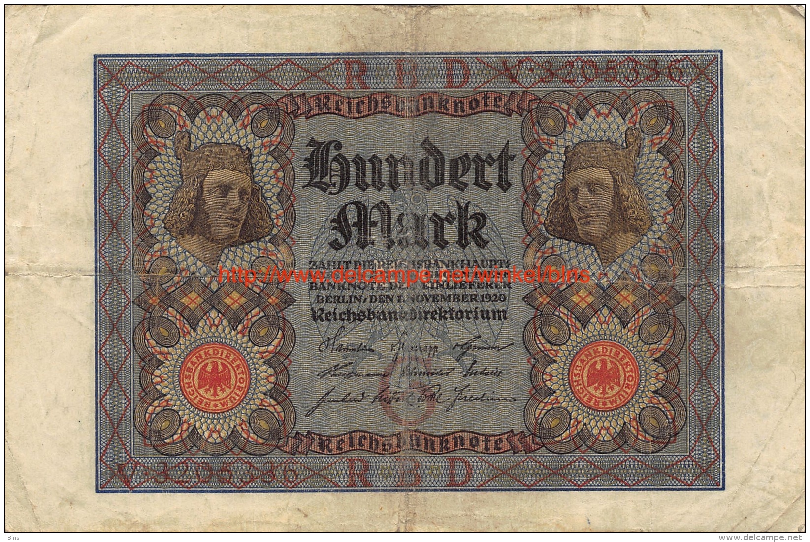 Hundert Mark 100 Reichsbanknote 1920 - 100 Mark