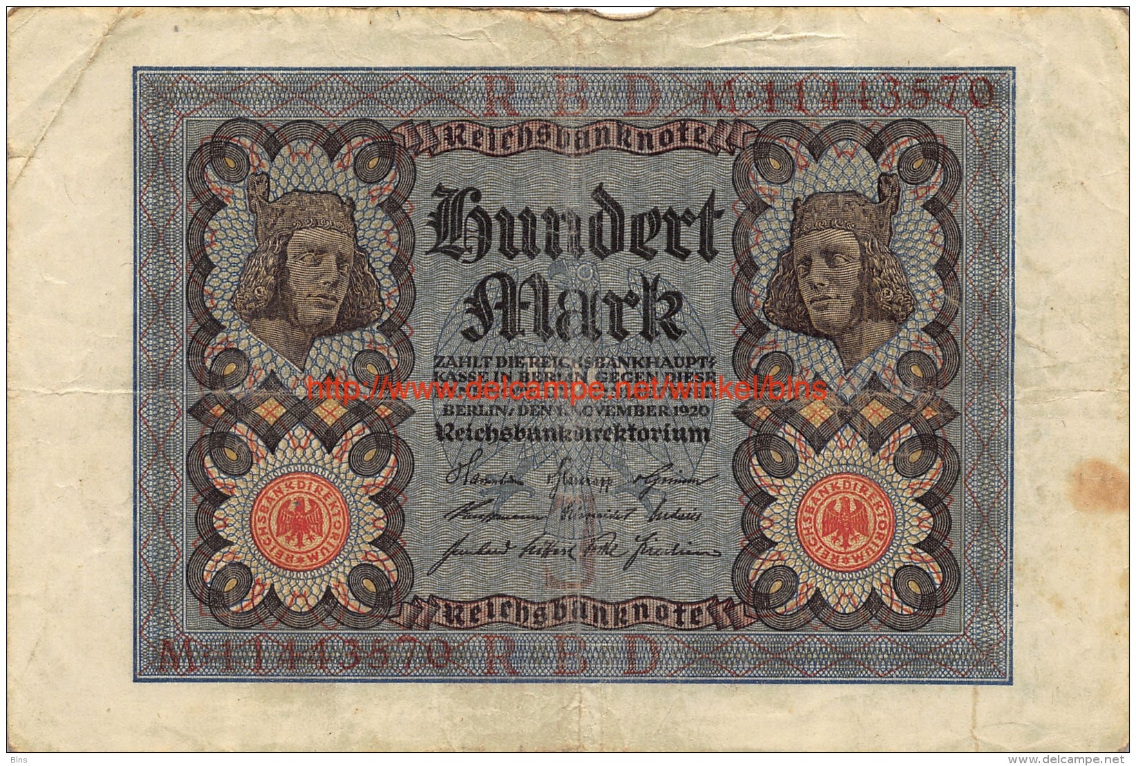 Hundert Mark 100 Reichsbanknote 1920 - 100 Mark