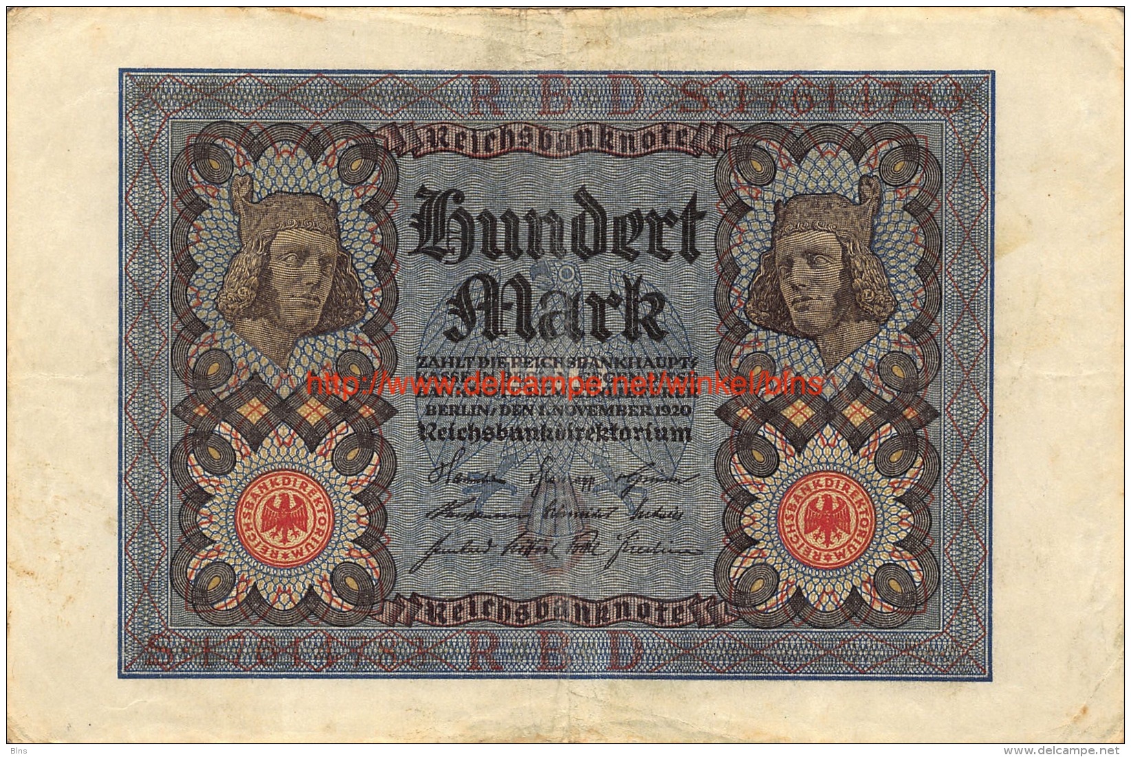 Hundert Mark 100 Reichsbanknote 1920 - 100 Mark