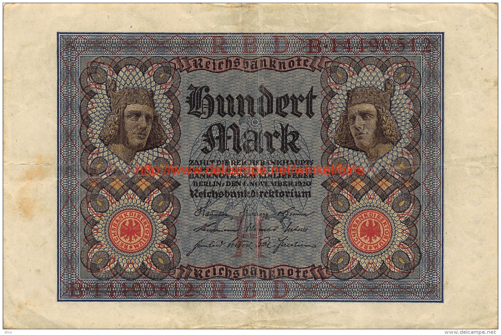 Hundert Mark 100 Reichsbanknote 1920 - 100 Mark