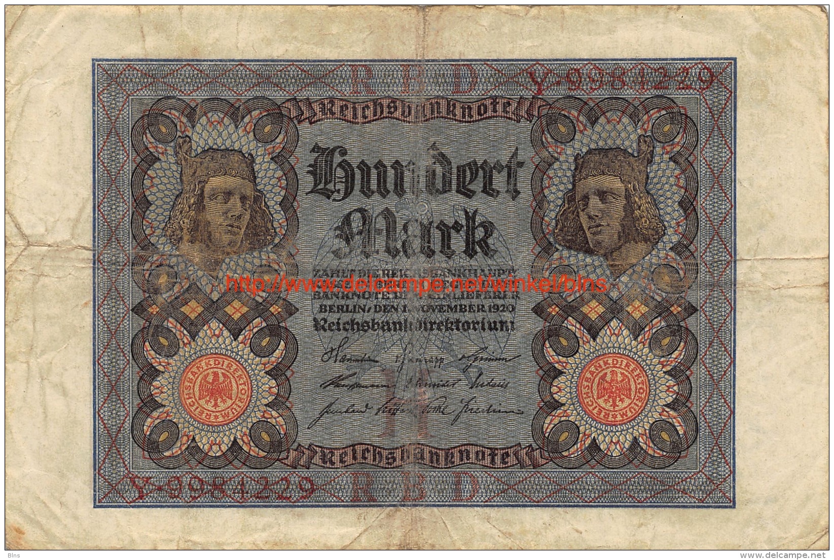 Hundert Mark 100 Reichsbanknote 1920 - 100 Mark