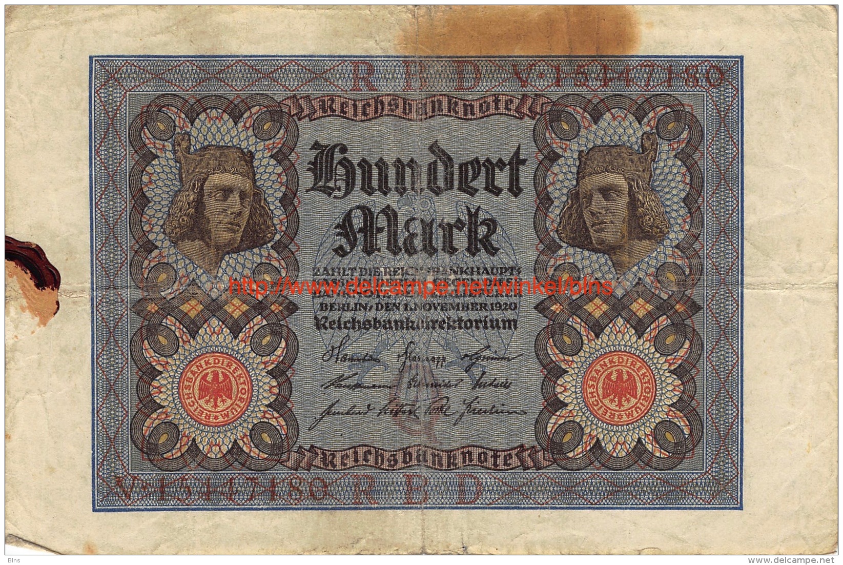 Hundert Mark 100 Reichsbanknote 1920 - 100 Mark