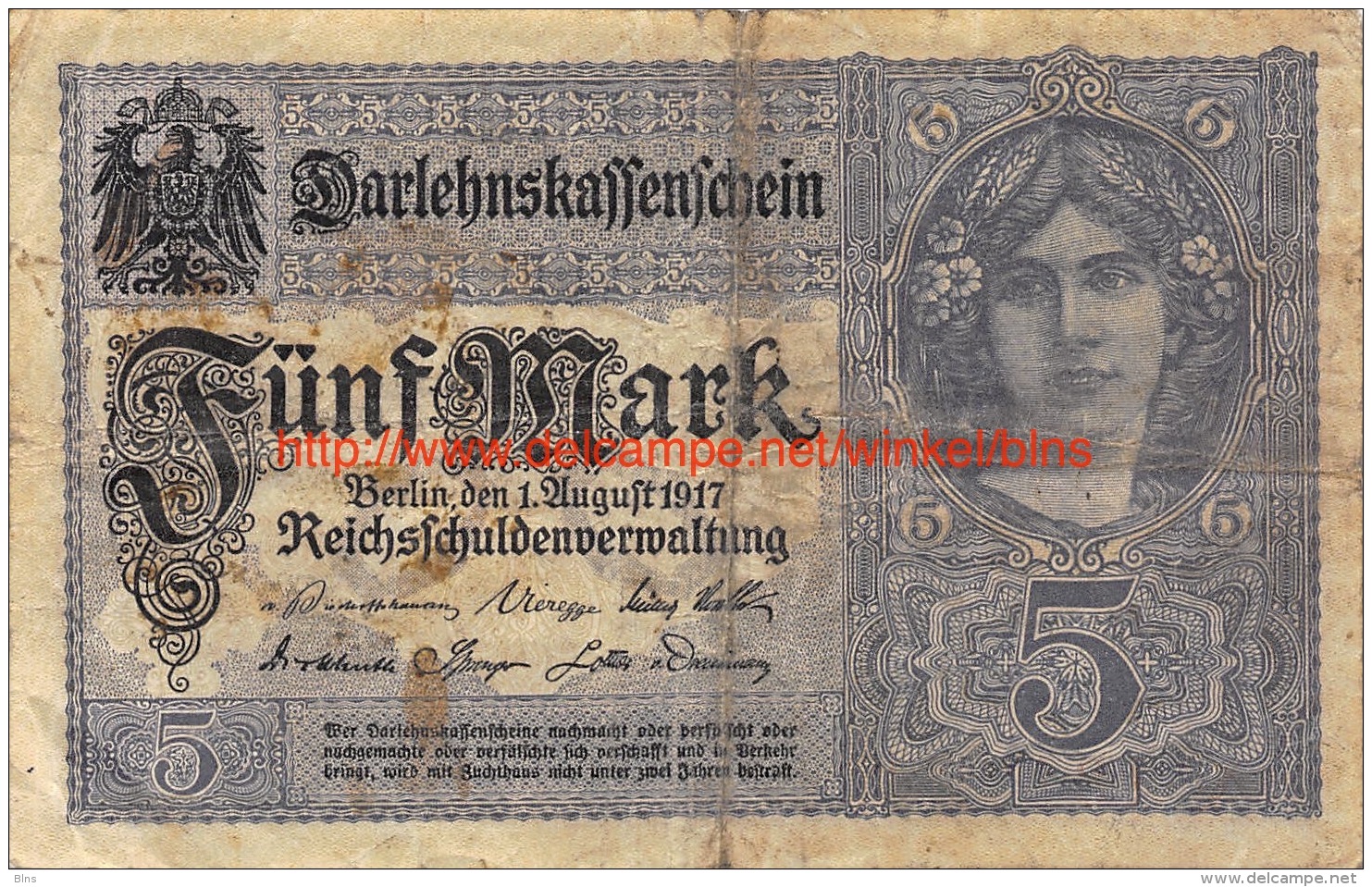 Fünf Mark 5 Reichsschuldenverwaltung 1917 - 5 Mark