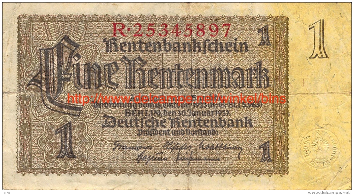 Eine Rentenmark 1 Rentenbankenschein 1937 - 1 Rentenmark