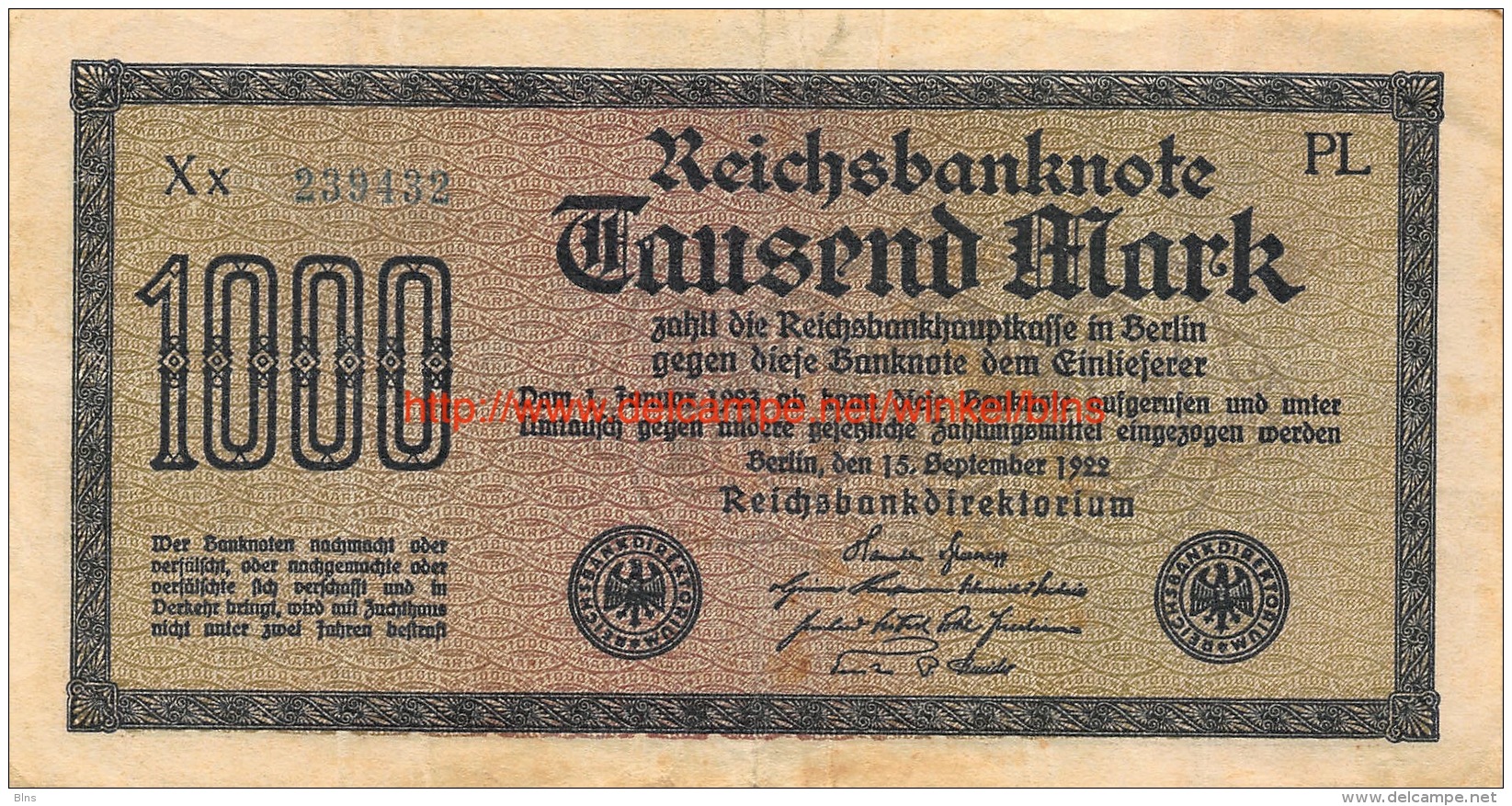 Tausend Mark 1000 Reichsbanknote 1922 - 10000 Mark