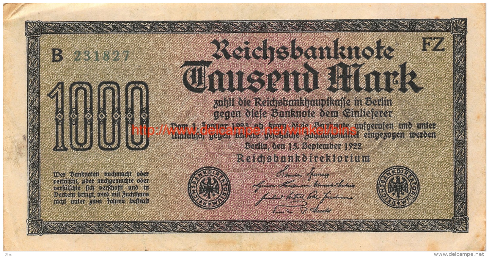 Tausend Mark 1000 Reichsbanknote 1922 - 10000 Mark