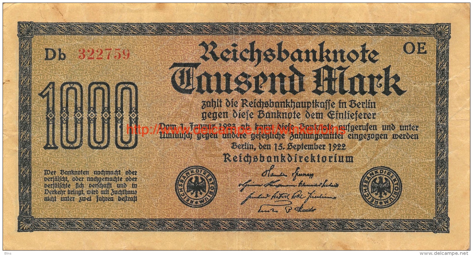 Tausend Mark 1000 Reichsbanknote 1922 - 10000 Mark