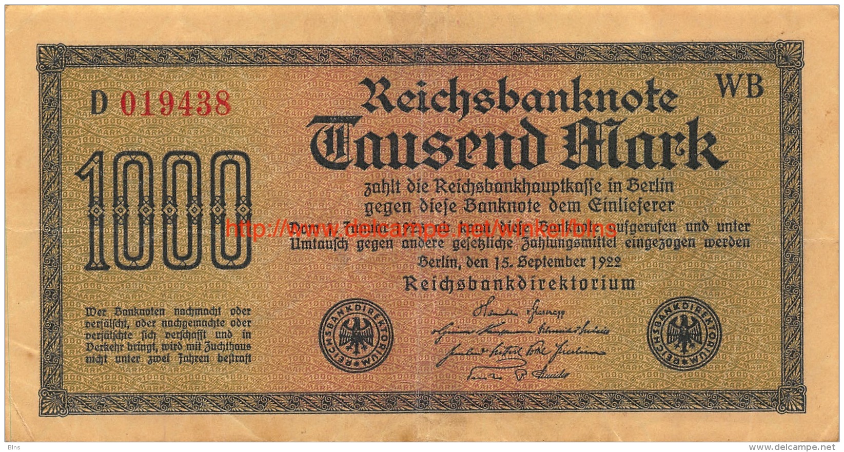 Tausend Mark 1000 Reichsbanknote 1922 - 10000 Mark