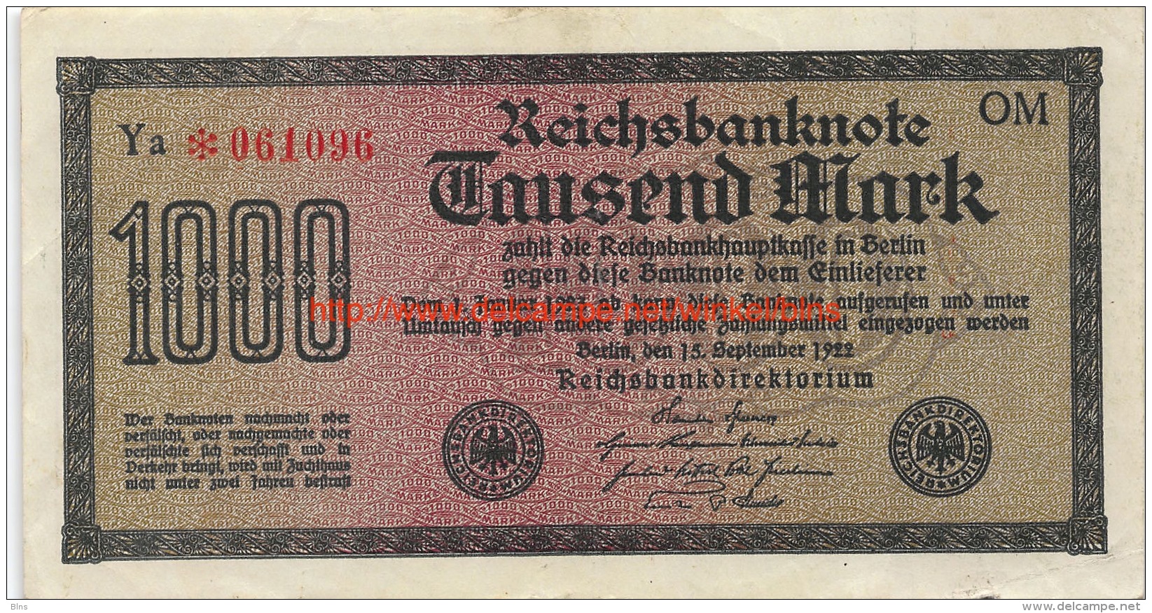 Tausend Mark 1000 Reichsbanknote 1922 - 10000 Mark