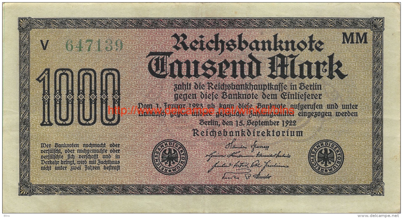 Tausend Mark 1000 Reichsbanknote 1922 - 10000 Mark