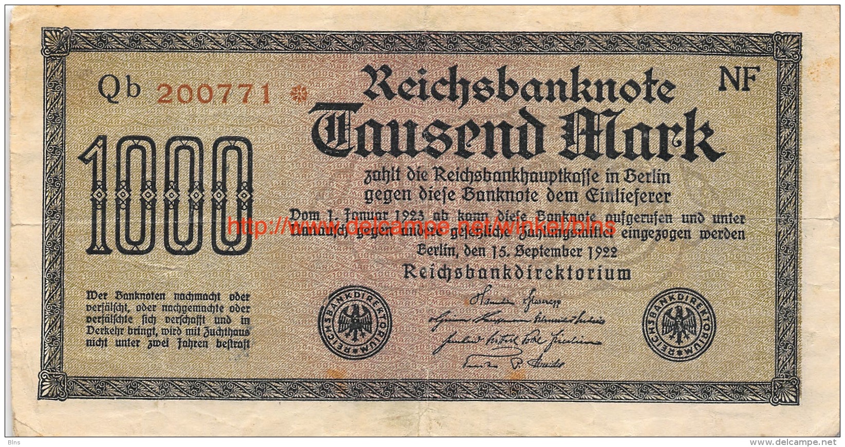 Tausend Mark 1000 Reichsbanknote 1922 - 10000 Mark