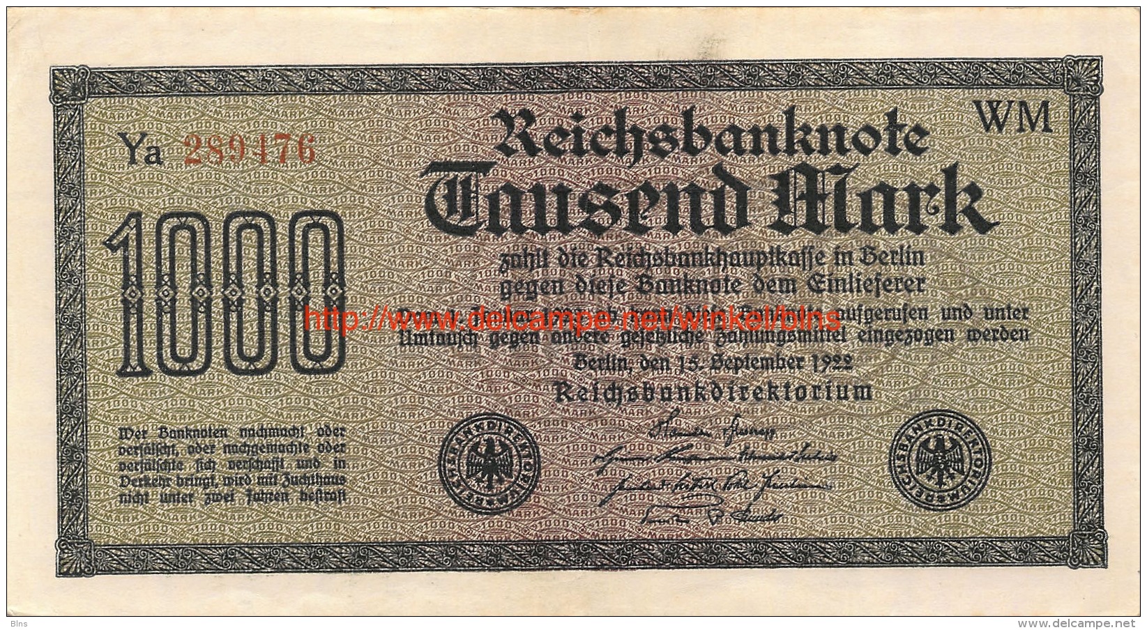 Tausend Mark 1000 Reichsbanknote 1922 - 10000 Mark