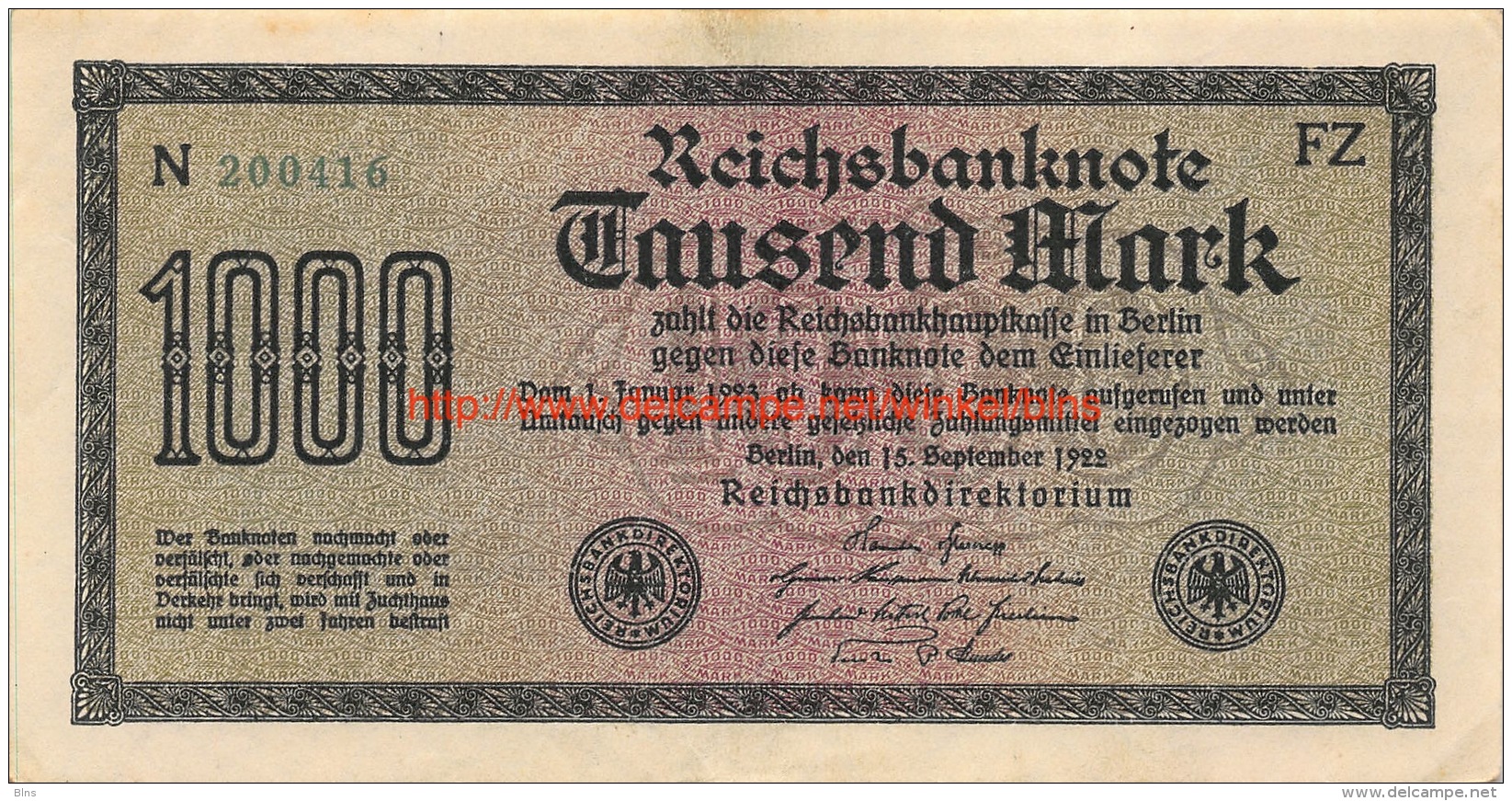 Tausend Mark 1000 Reichsbanknote 1922 - 10000 Mark