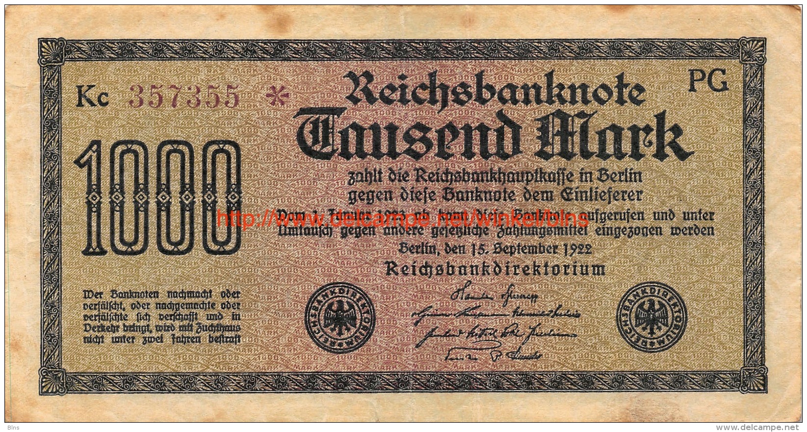 Tausend Mark 1000 Reichsbanknote 1922 - 10000 Mark