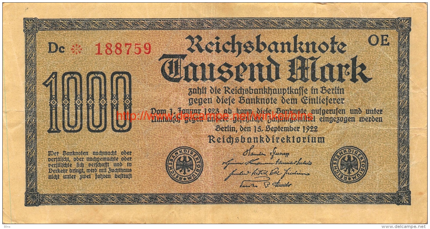 Tausend Mark 1000 Reichsbanknote 1922 - 10000 Mark