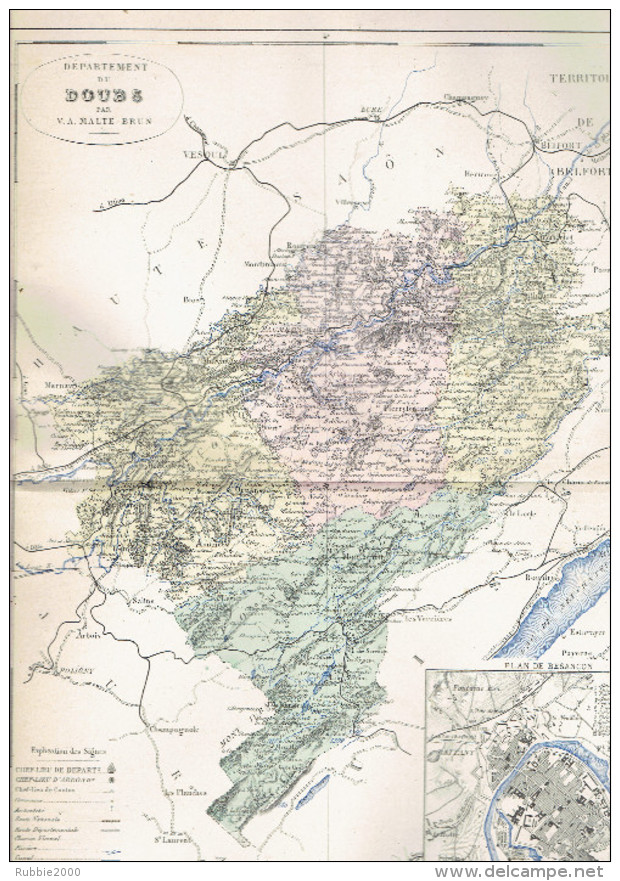 CARTE GEOGRAPHIQUE 1880 FRANCE DEPARTEMENT DU DOUBS PLAN DE BESANCON PAR MALTE BRUN - Cartes Géographiques