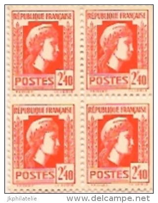 Bloc 4 Timbres  Marianne D'Alger 2,4f N°641 Vermillon Impression Américaine 1944 - 1944 Marianne Van Algerije