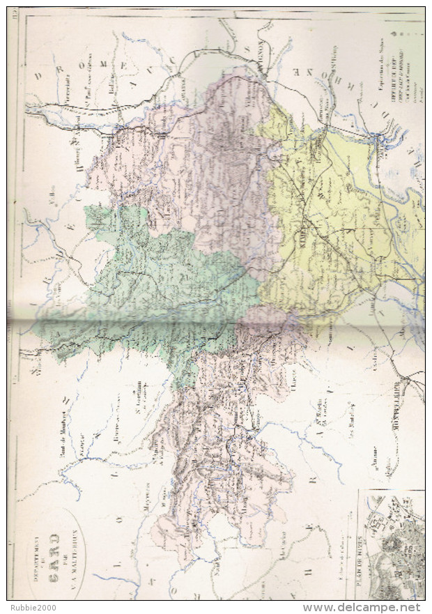 CARTE GEOGRAPHIQUE 1880 FRANCE DEPARTEMENT DU GARD PLAN DE NIMES PAR MALTE BRUN - Cartes Géographiques